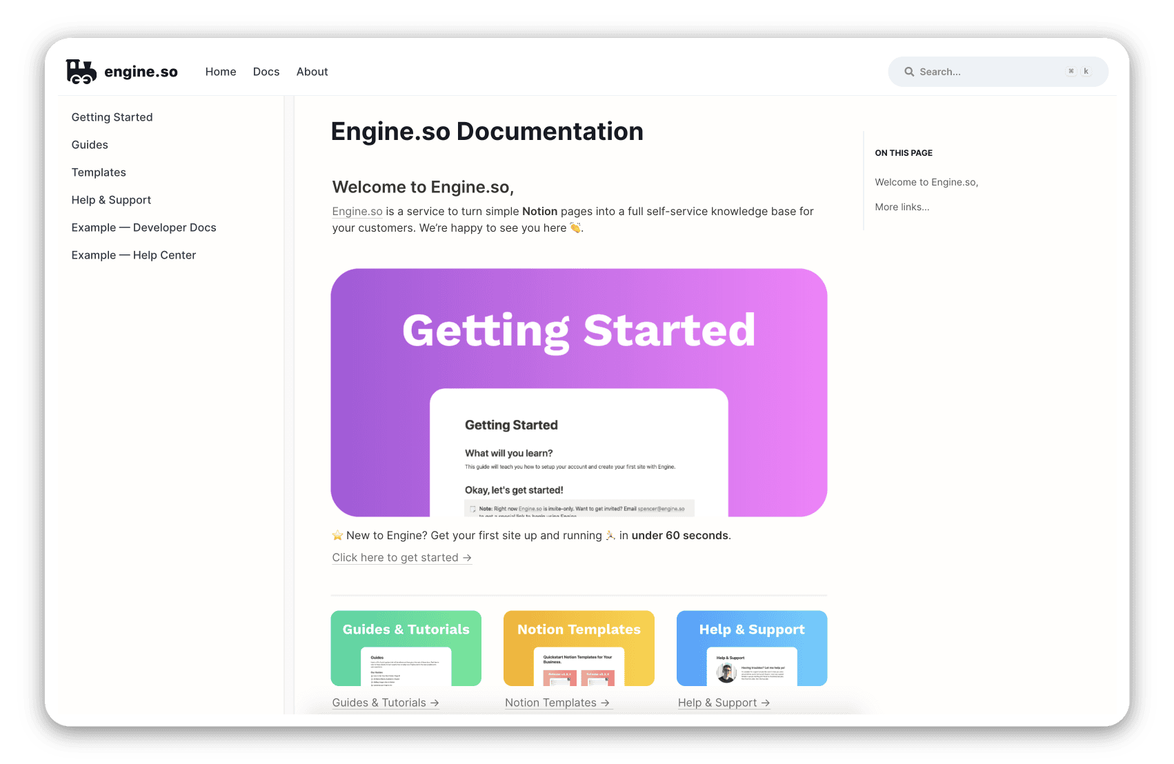 Engine.so knowledge base preview showing a published Notion page